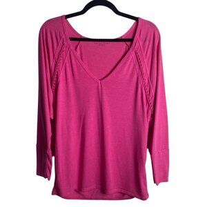 Trina Turk Recreation Size L Pink V Neck Long Sleeve Top Casual Stretch Barbie